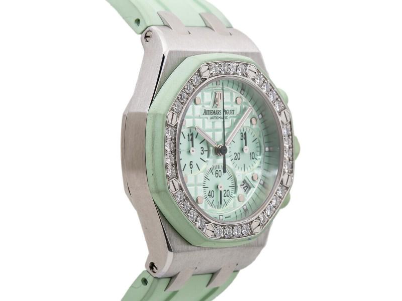 Audemars Piguet Royal Oak Offshore 26048SK Mint Green Factory Diamond Watch 37m: Audemars Piguet Royal Oak Offshore 26048SK Mint Green Factory Diamond Watch 37m Product Code: 324914085765-E Brand: Audemars Piguet Condition: Pre-Owned Model: 324914085765-E Item Specifics: Brand