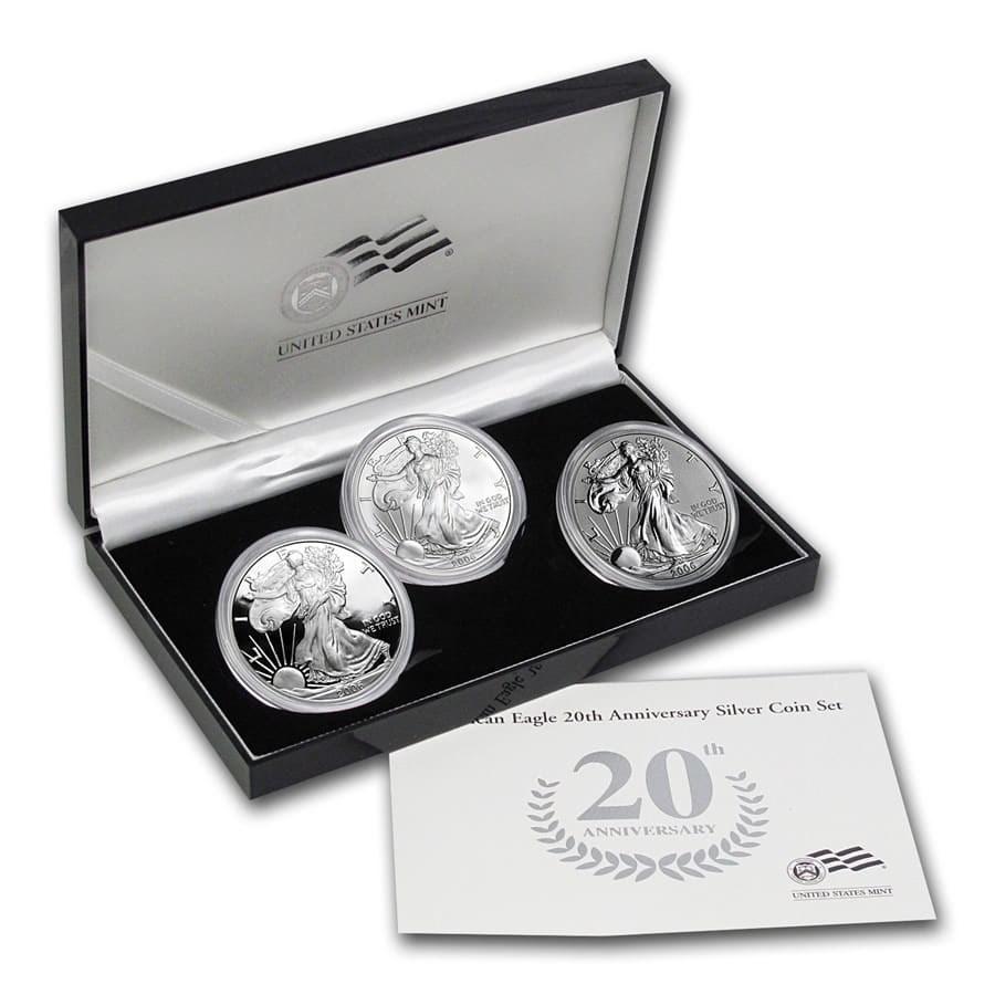 2006-W 3-Coin Proof Silver Eagle Set (20th Anniv, w/Box & COA): 2006-W 3-Coin Proof Silver Eagle Set (20th Anniv, w/Box & COA) Product ID: RBJ22343 Year: 2006 Grade: BU &/or Proof Grade Service: None Denomination: $1.00 Dollar Mint Mark: W - West Point <br