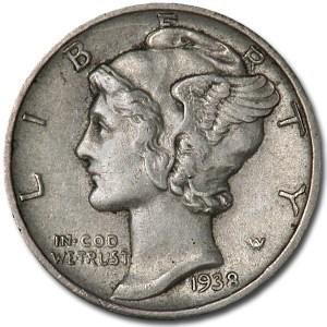 1938-D Mercury Dime XF: 1938-D Mercury Dime XF Product ID: RBJ12328 Year: 1938 Grade: Extra Fine Grade Service: None Denomination: $0.10 Mint Mark: D - Denver Metal Content: 0.0715 troy oz Purity: .900