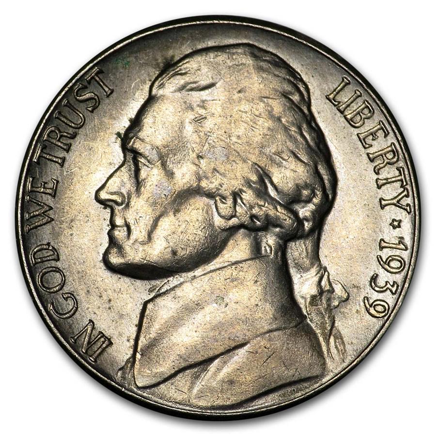 1939-S Jefferson Nickel AU: 1939-S Jefferson Nickel AU Product ID: RBJ2066 Year: 1939 Grade: Almost Unc Grade Service: None Denomination: 5 Cents Mint Mark: S - San Francisco Metal Content: 0 troy oz Purity