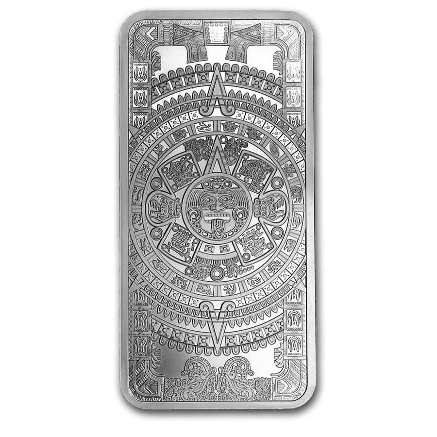 10 oz Silver Bar - Aztec Calendar: 10 oz Silver Bar - Aztec Calendar Product ID: RBJ197013 Year: N/A Grade: None Grade Service: None Denomination: 10 oz Mint Mark: N/A - Not Available Metal Content: 10 troy oz Pur