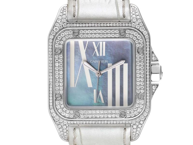 Cartier Santos 100 White Gold Blue MOP Dial Diamond Ladies Watch WM503251: Cartier Santos 100 White Gold Blue MOP Dial Diamond Ladies Watch WM503251 Product Code: 35338-34CB0 Brand: Cartier Condition: Pre-Owned Cartier Santos 100 White Gold Blue MOP Dial Diamond Ladies Watch