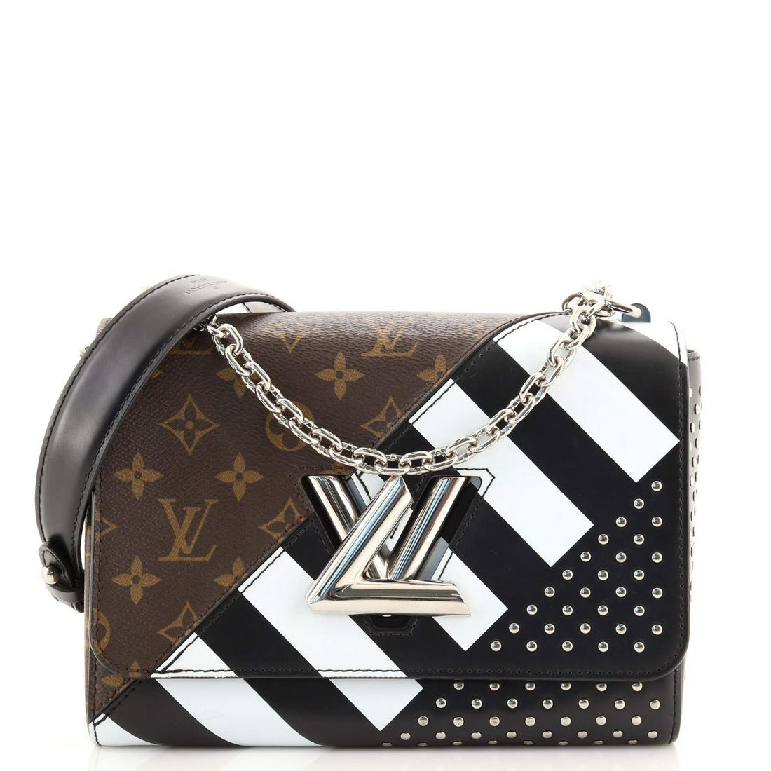 Louis Vuitton Twist Handbag Limited Edition Studded Monogram Canvas MM: Louis Vuitton Twist Handbag Limited Edition Studded Monogram Canvas MM Exterior Color: Brown Interior Color: Black Exterior Material: Canvas Coated Interior Material: Microfiber Hardware Color: Silver