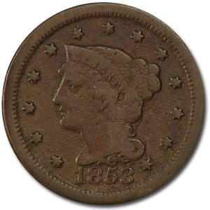 1853 Large Cent VG: 1853 Large Cent VG Product ID: 3208 Year: 1853 Grade: Very Good Grade Service: None Denomination: $0.01 Mint Mark: P - Philadelphia (Not Shown) Metal Content: 0 troy oz Purity: N