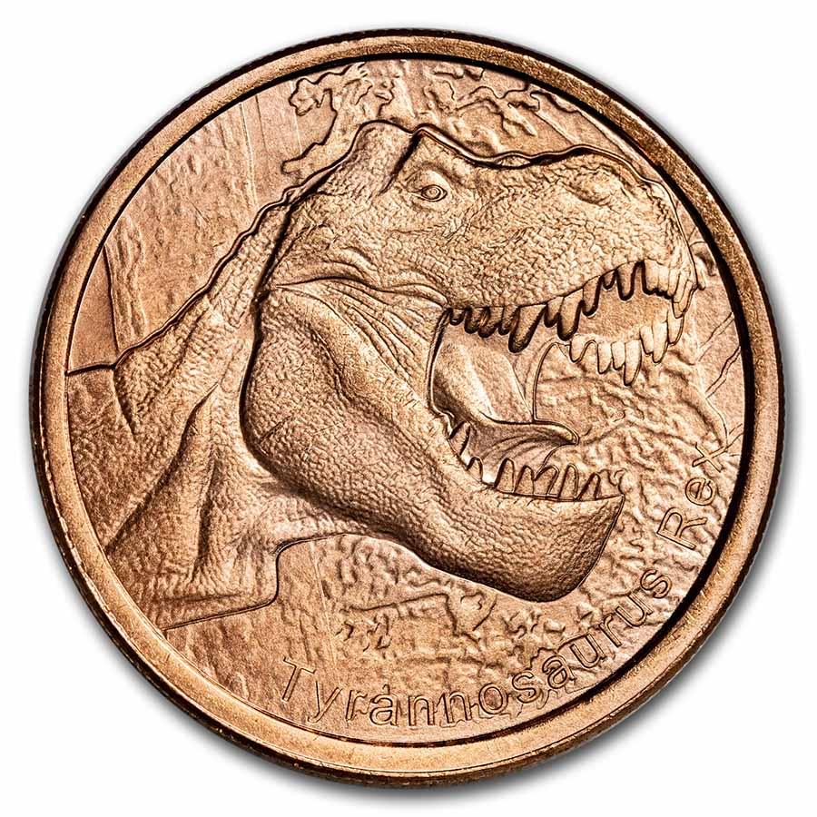 1 oz Copper Round - Tyrannosaurus Rex: 1 oz Copper Round - Tyrannosaurus Rex Product ID: 249353 Year: N/A Grade: None Grade Service: None Mint Mark: None Metal Content: 1 AVDP oz Purity: .999 Thickness: 3.3 mm