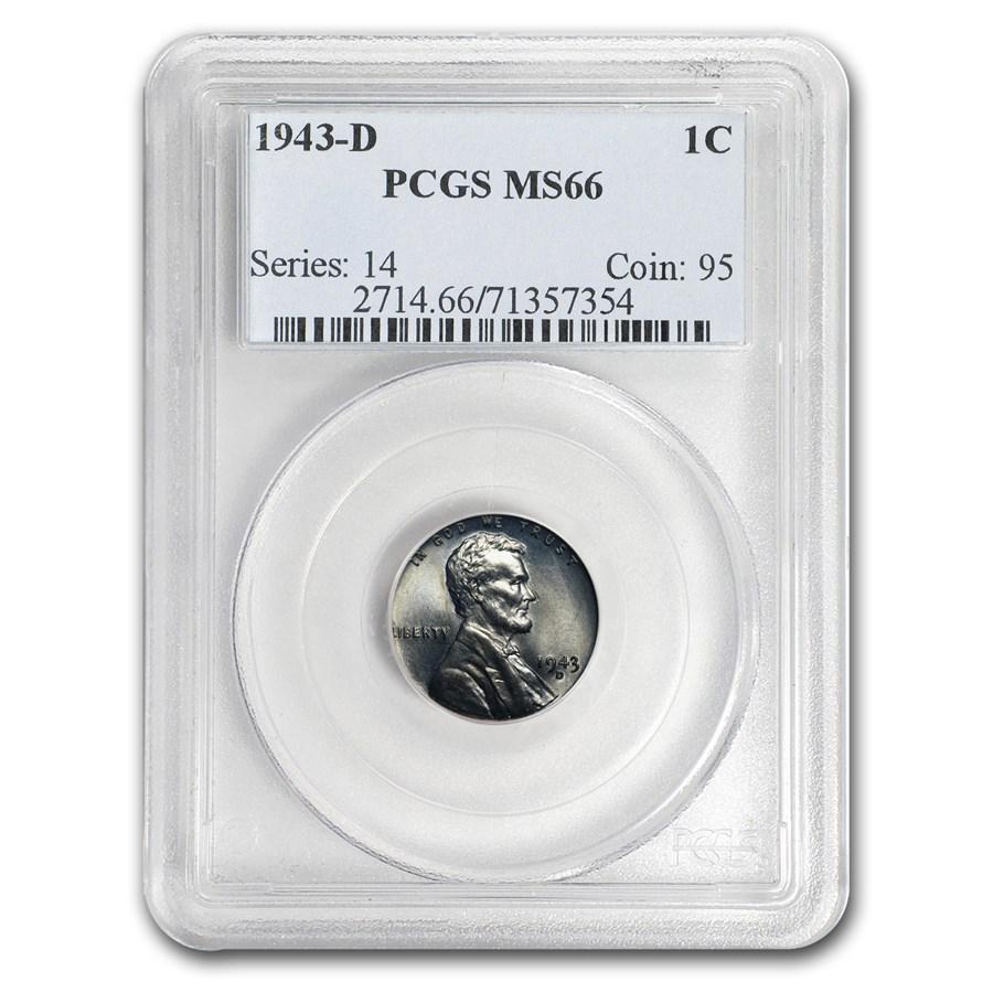 1943-D Lincoln Cent MS-66 PCGS: 1943-D Lincoln Cent MS-66 PCGS Product ID: 151636 Year: 1943 Grade Service: PCGS Denomination: $0.01 Metal Content: 0 troy oz Purity: N/A Thickness: 1.50 mm Diameter: 19 mm