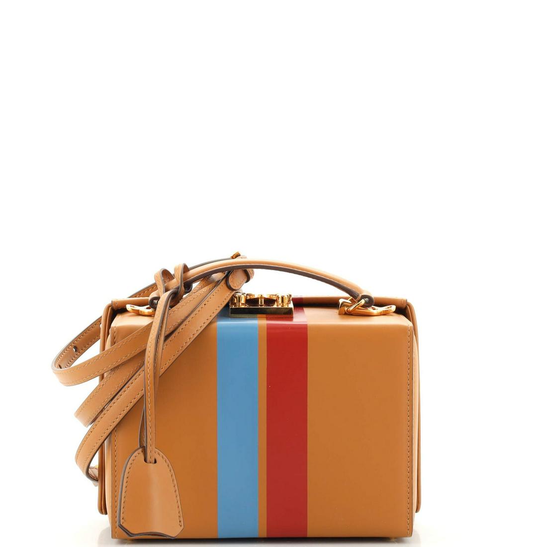 Grace Box Bag Leather Small Mark Cross: Grace Box Bag Leather Small Mark Cross Exterior Color: Brown Interior Color: Red Exterior Material: Leather Interior Material: Leather Hardware Color: Gold Accessories: Clochette, Keys, Dust bag,