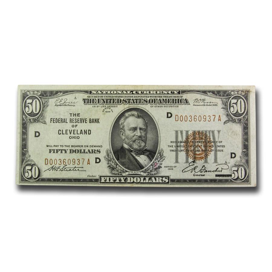 1929 (D-Cleveland) $50 Brown Seal FRBN XF (Fr#1880-D): 1929 (D-Cleveland) $50 Brown Seal FRBN XF (Fr#1880-D) Product ID: 224741 Year: 1929 Grade: Extra Fine Grade Service: None Denomination: $50 Mint Mark: D - Cleveland Metal Content: 0 troy