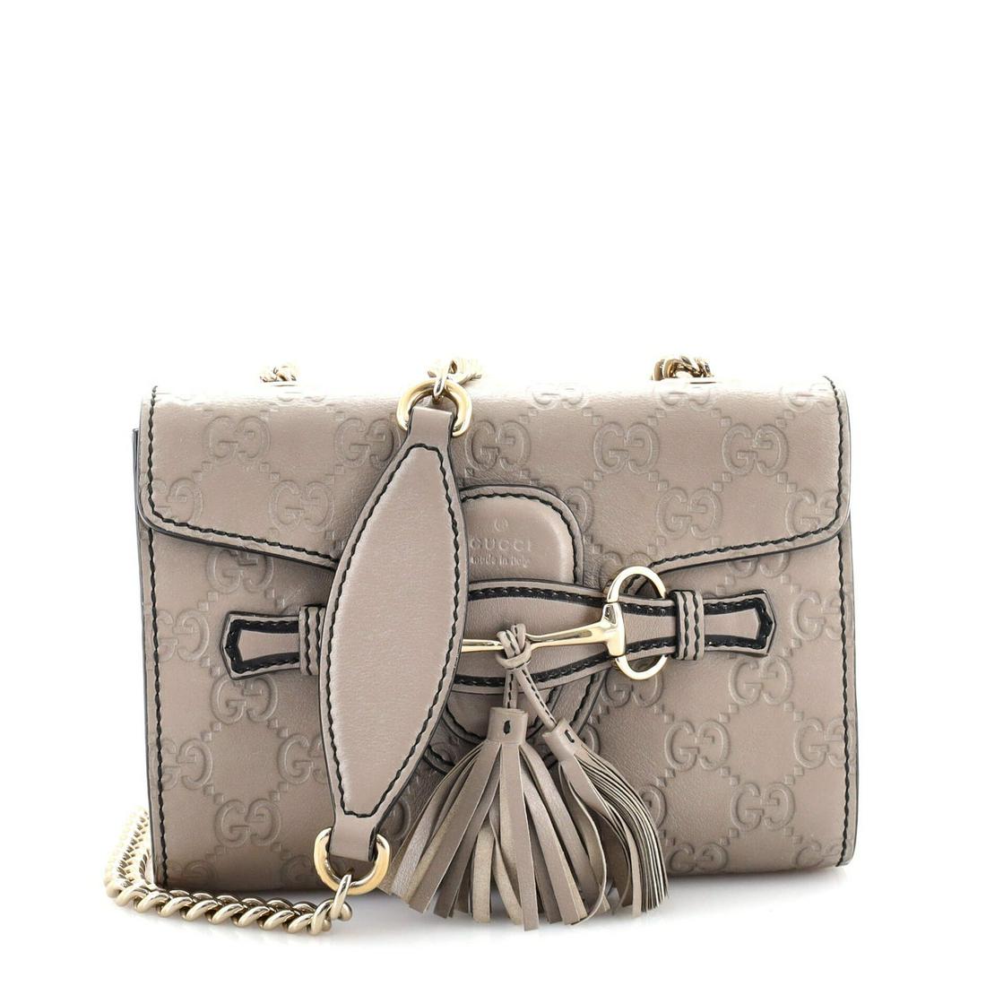 Emily Chain Flap Bag Guccissima Leather Mini Gucci: Emily Chain Flap Bag Guccissima Leather Mini Gucci Exterior Color: Gray Interior Color: Neutral Exterior Material: Leather Interior Material: Fabric Hardware Color: Gold Tone Accessories: Dust bag