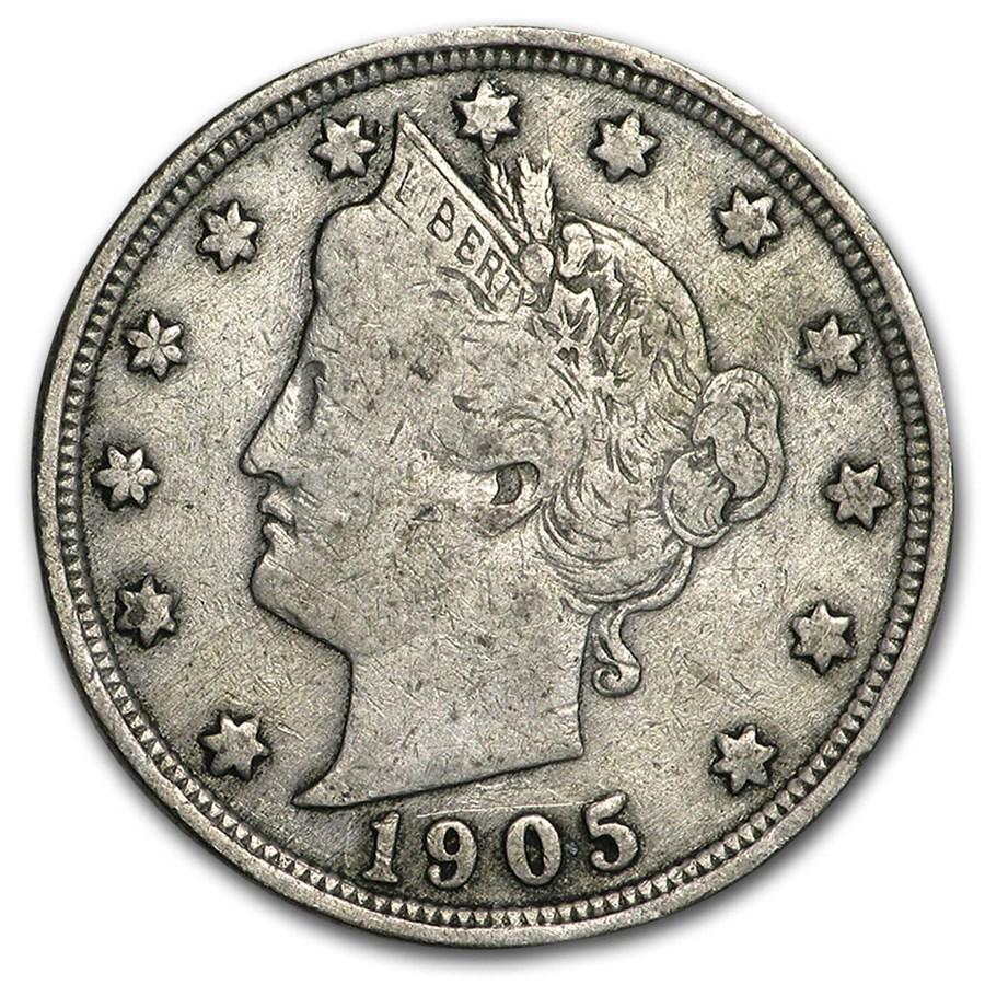 1905 Liberty Head V Nickel Fine: 1905 Liberty Head V Nickel Fine Product ID: 33223 Year: 1905 Grade: Fine Grade Service: None Denomination: $0.05 Mint Mark: P - Philadelphia (Not Shown) Metal Content: 0 troy oz