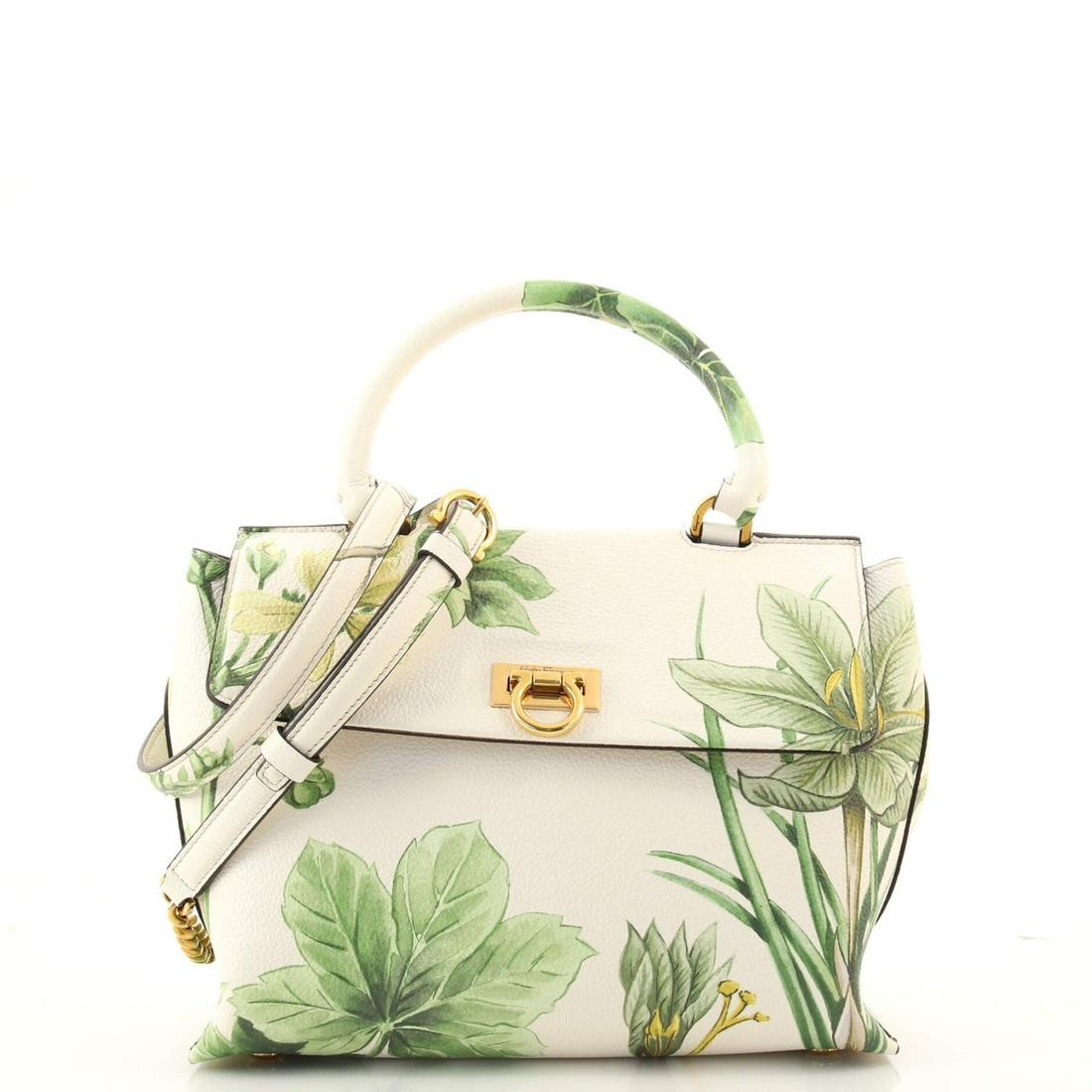 Salvatore Ferragamo Trifolio Top Handle Bag Leather Small: Salvatore Ferragamo Trifolio Top Handle Bag Leather Small Exterior Color: Neutral, Print Interior Color: Neutral Exterior Material: Leather Interior Material: Leather Hardware Color: Aged Gold Acc