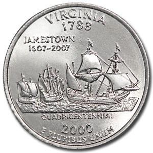 2000-P Virginia State Quarter BU: 2000-P Virginia State Quarter BU Product ID: 5242 Year: 2000 Grade: Brilliant Unc Grade Service: None Denomination: 25 Cents Mint Mark: P - Philadelphia Metal Content: 0 troy oz