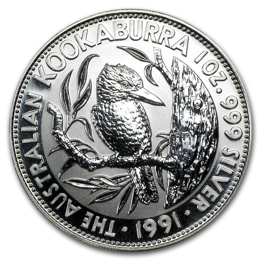 1991 Australia 1 oz Silver Kookaburra BU: 1991 Australia 1 oz Silver Kookaburra BU Product ID: 10156 Year: 1991 Grade: Brilliant Unc Grade Service: None Denomination: $5.00 Mint Mark: Perth Mint (Not Shown) Metal Content: 1 troy