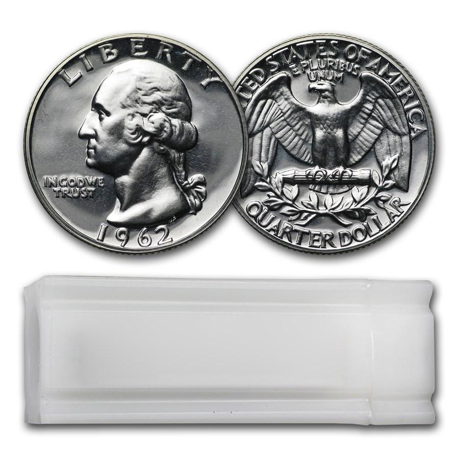 1962 Proof Washington Quarter 40-Coin Roll: 1962 Proof Washington Quarter 40-Coin Roll Product ID: 22013 Year: 1962 Grade: Proof Grade Service: None Denomination: 25 Cents Mint Mark: P - Philadelphia (Not Shown) Metal Content: 7.15