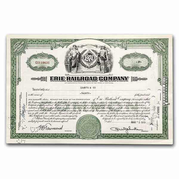 Erie Railroad Company Stock Certificate (Green): Erie Railroad Company Stock Certificate (Green) Product ID: 238415 Year: 1950-60s Grade: None Grade Service: None Denomination: N/A Mint Mark: N/A - Not Available Metal Content: 0 troy oz