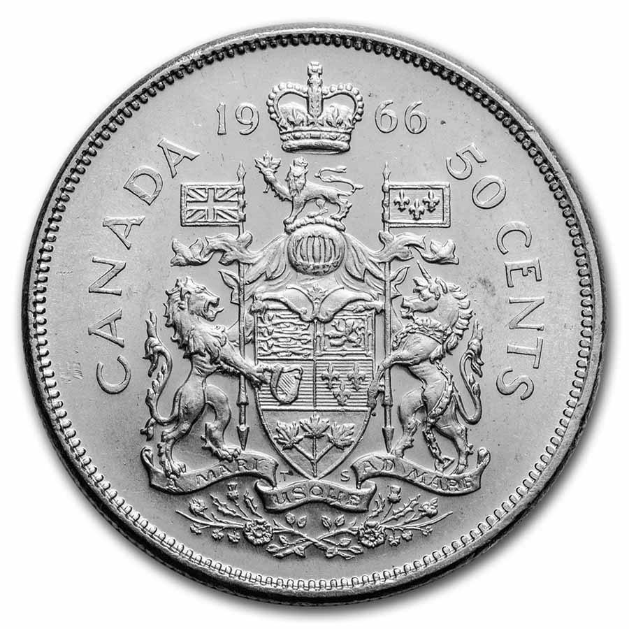 1966 Canada Silver 50 Cents Elizabeth II BU/Prooflike: 1966 Canada Silver 50 Cents Elizabeth II BU/Prooflike Product ID: 178331 Year: 1966 Grade: BU &/or Proof Grade Service: None Denomination: 50 Cents Mint Mark: RCM (Not Shown) Metal Conten
