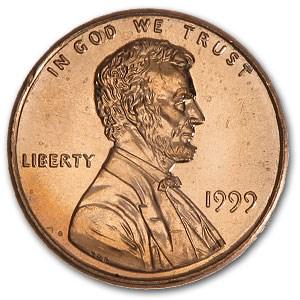 1999 Lincoln Cent BU (Red): 1999 Lincoln Cent BU (Red) Product ID: 6816 Year: 1999 Grade: Brilliant Unc Grade Service: None Denomination: $0.01 Mint Mark: P - Philadelphia (Not Shown) Metal Content: 0 troy oz