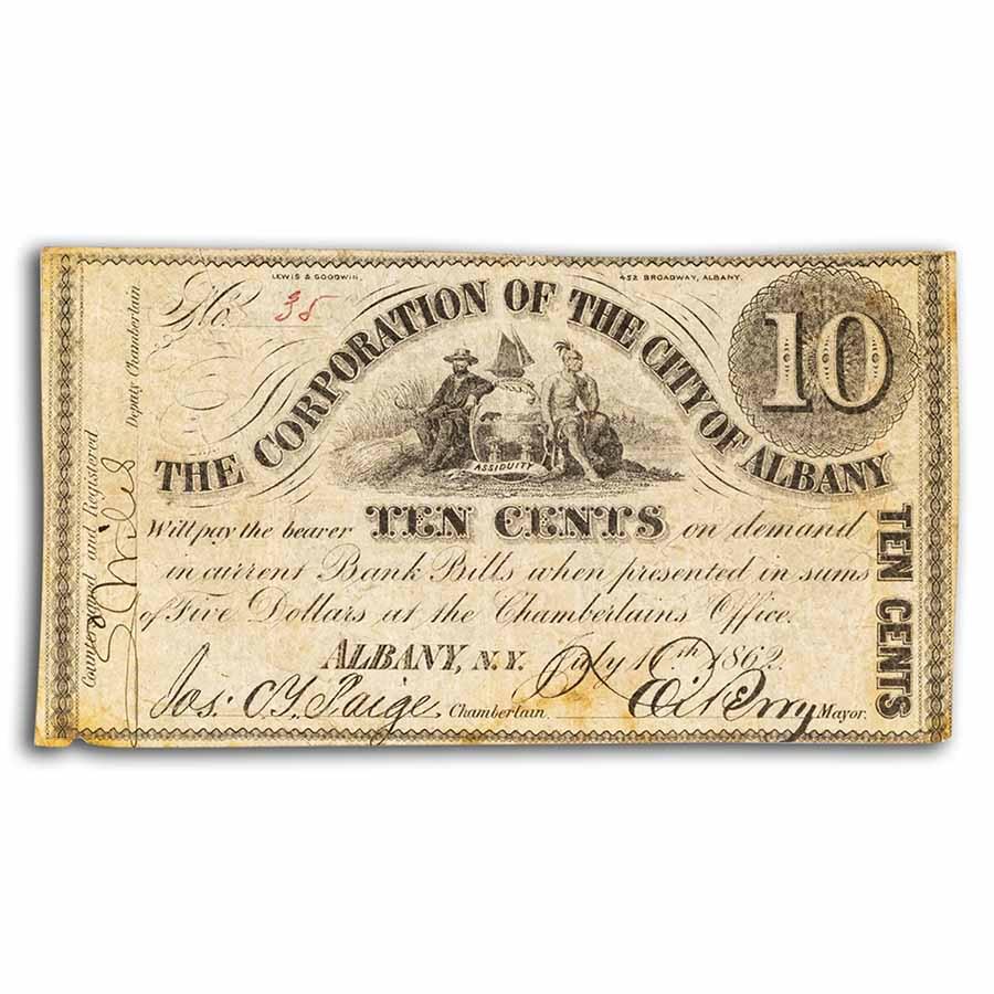 1862 10 Cents the Corp. of the City of Albany, New York Fine: 1862 10 Cents the Corp. of the City of Albany, New York Fine Product ID: 252141 Year: 1862 Grade: Fine Grade Service: None Denomination: 10 Cents Mint Mark: None Metal Content: 0 troy oz