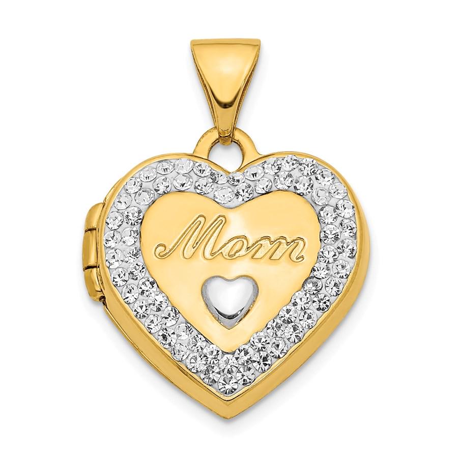 14k w/ White Rhodium Crystal Mom Heart Locket Pendant - 21 mm: 14k w/ White Rhodium Crystal Mom Heart Locket Pendant - 21 mm Product Id: 202502 Metal: Gold Purity: 14K Metal Weight: 1.12 GM Finish: Polished Length Of Item: 21 mm Stone Type: Crystal <