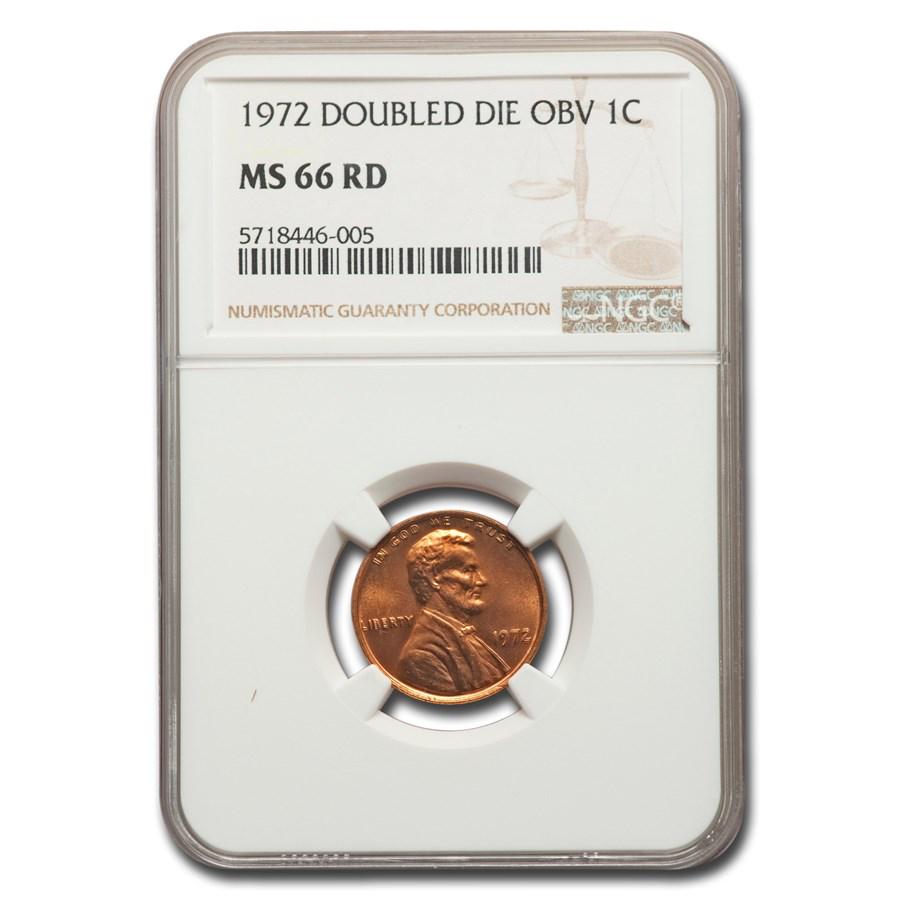 1972 Lincoln Cent Double Die Obverse MS-66 NGC (Red): 1972 Lincoln Cent Double Die Obverse MS-66 NGC (Red) Product ID: 104908 Year: 1972 Grade Service: NGC Denomination: $0.01 Metal Content: 0 troy oz Purity: N/A Thickness: 1.52 mm