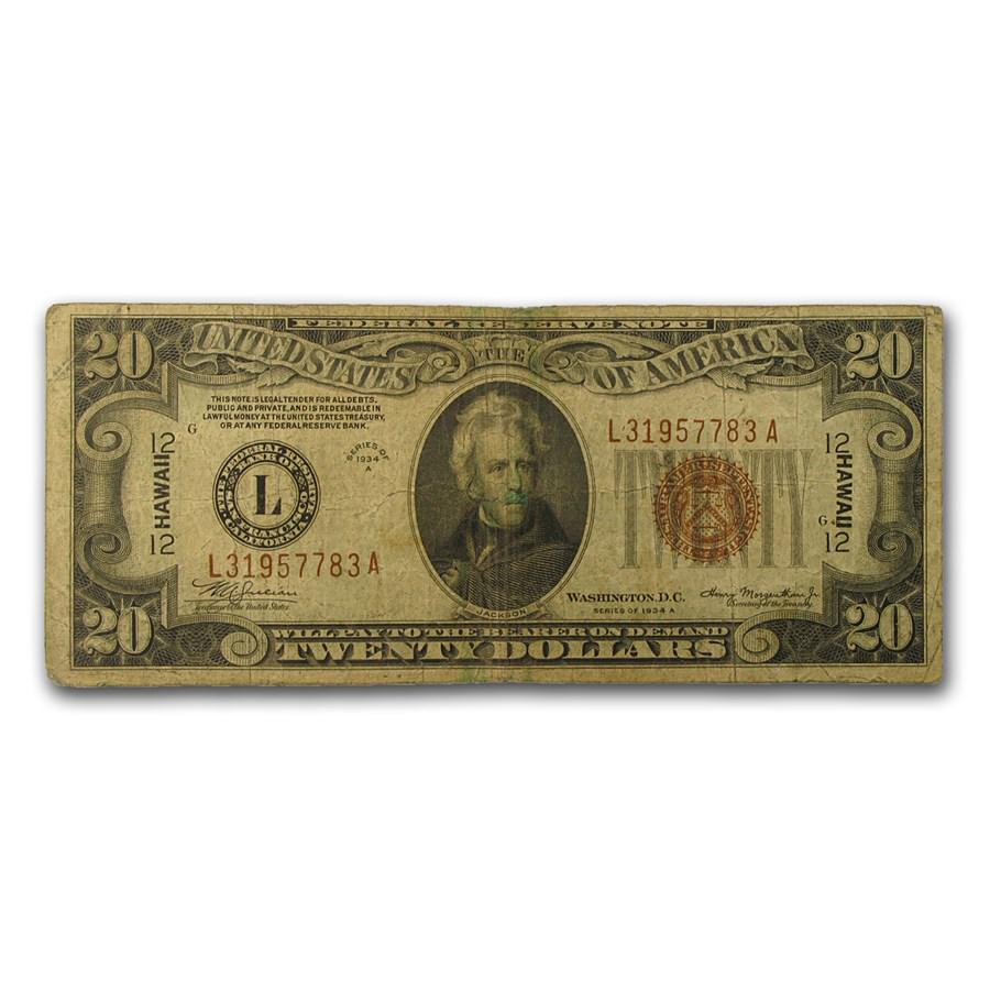 1934-A $20 Brown Seal Hawaii VG (Fr#2305): 1934-A $20 Brown Seal Hawaii VG (Fr#2305) Product ID: 25611 Year: 1934 Grade: Very Good Grade Service: None Denomination: $20 Mint Mark: N/A - Not Available Metal Content: 0 troy oz <