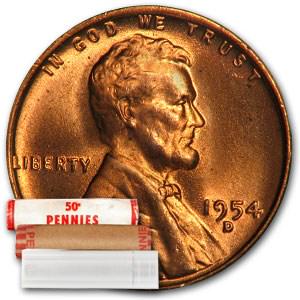 1954-D Lincoln Cent 50-Coin Roll BU: 1954-D Lincoln Cent 50-Coin Roll BU Product ID: 9290 Year: 1954 Grade: Brilliant Unc Grade Service: None Denomination: 1 Cent Mint Mark: D - Denver Metal Content: 0 troy oz Purit