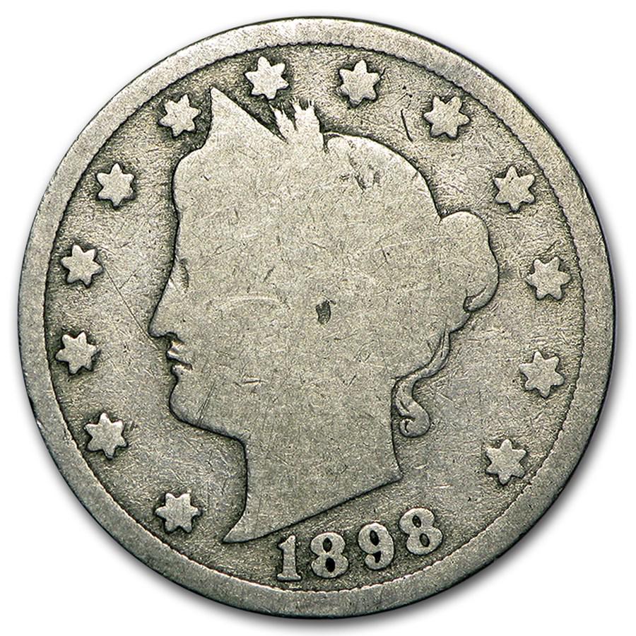 1898 Liberty Head V Nickel Good+: 1898 Liberty Head V Nickel Good+ Product ID: 7932 Year: 1898 Grade: Good Grade Service: None Denomination: $0.05 Mint Mark: P - Philadelphia (Not Shown) Metal Content: 0 troy oz