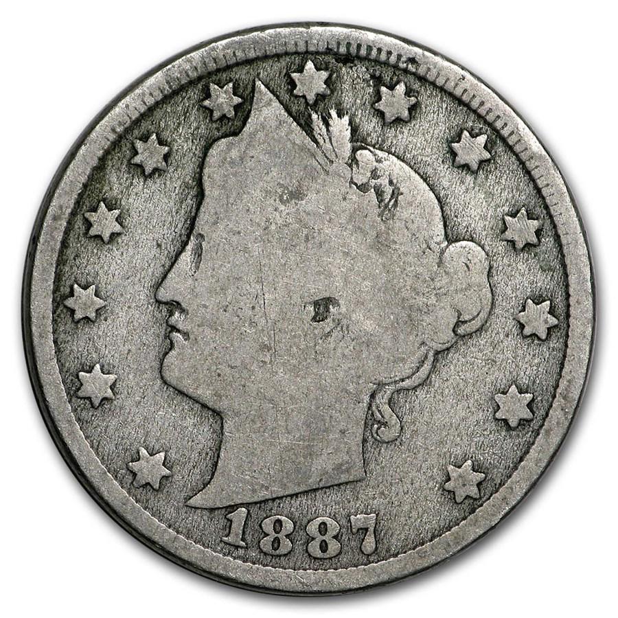 1887 Liberty Head V Nickel Good: 1887 Liberty Head V Nickel Good Product ID: 1828 Year: 1887 Grade: Good Grade Service: None Denomination: $0.05 Mint Mark: P - Philadelphia (Not Shown) Metal Content: 0 troy oz P