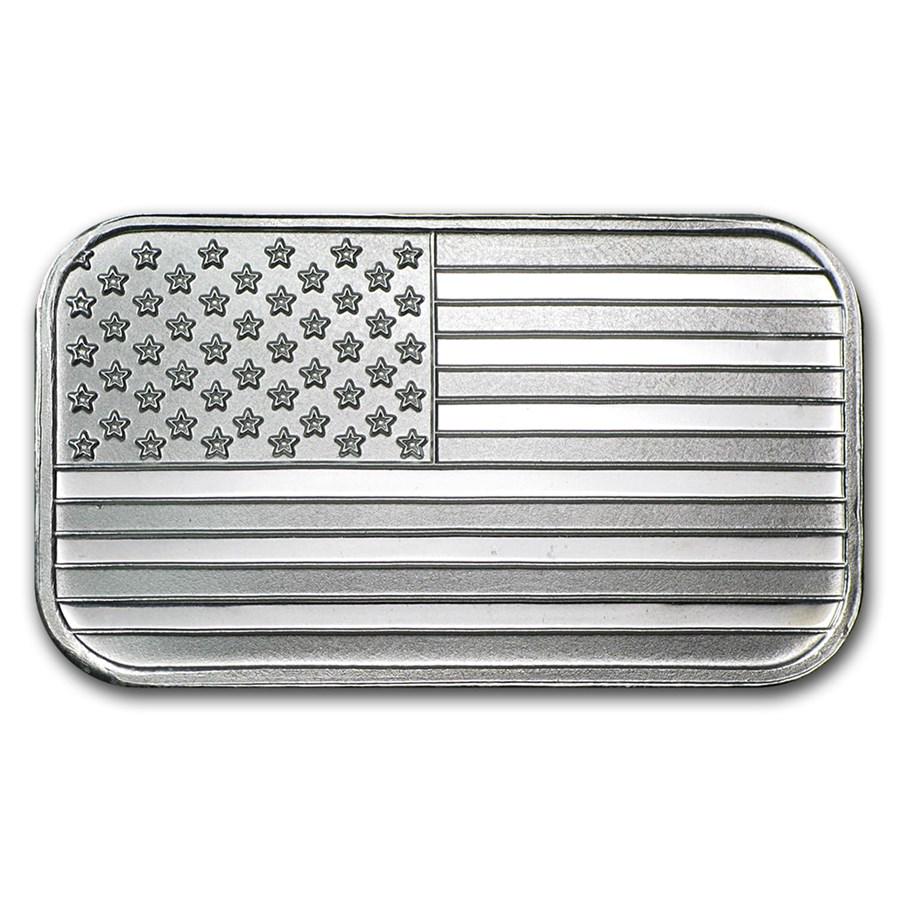 1 oz Silver Bar - American Flag Design: 1 oz Silver Bar - American Flag Design Product ID: 56165 Year: N/A Grade: None Grade Service: None Denomination: 1 oz Mint Mark: N/A - Not Available Metal Content: 1 troy oz Puri