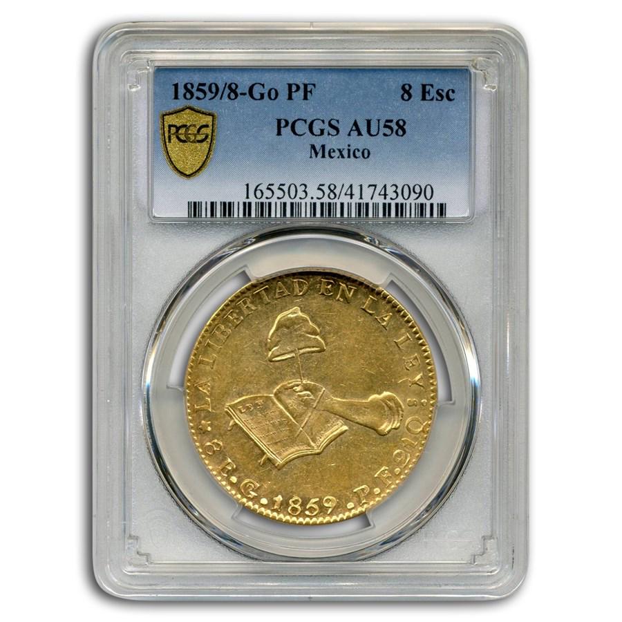 1859/8-Go Mexico Gold 8 Escudos AU-58 PCGS: 1859/8-Go Mexico Gold 8 Escudos AU-58 PCGS Product ID: 261815 Year: 1859 Grade Service: PCGS Denomination: 8 Escudos Metal Content: 0.7615 troy oz Purity: .875 Diameter: 0 mm