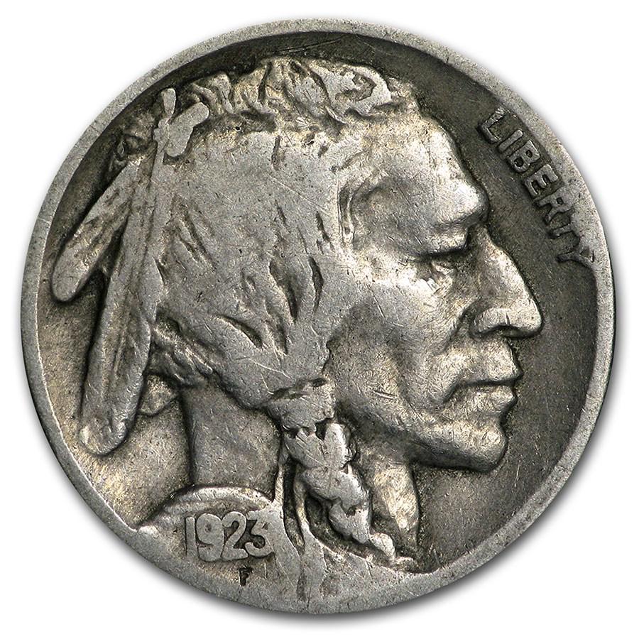 1923 Buffalo Nickel Good-Fine: 1923 Buffalo Nickel Good-Fine Product ID: 7953 Year: 1923 Grade: Good Grade Service: None Denomination: $0.05 Mint Mark: P - Philadelphia (Not Shown) Metal Content: 0 troy oz Pur