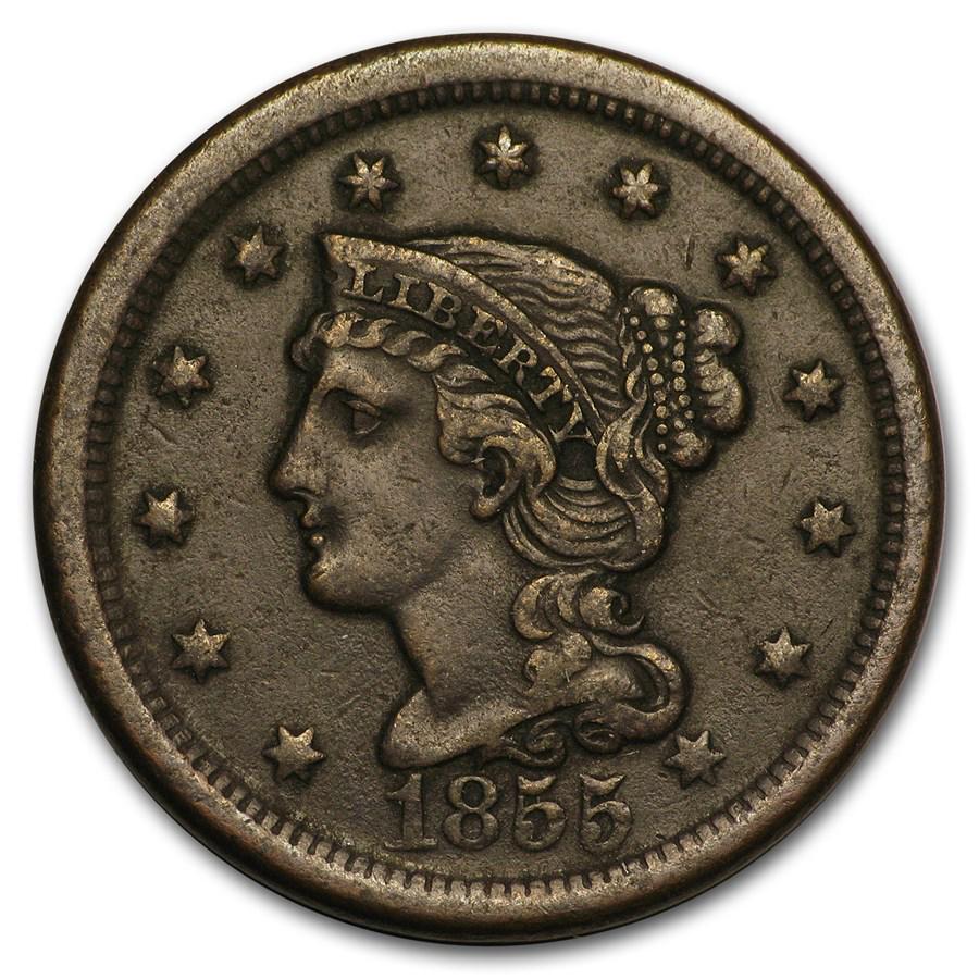 1855 Large Cent Upright 5's XF: 1855 Large Cent Upright 5's XF Product ID: 13625 Year: 1855 Grade: Extra Fine Grade Service: None Denomination: 1 Cent Mint Mark: P - Philadelphia (Not Shown) Metal Content: 0 troy oz