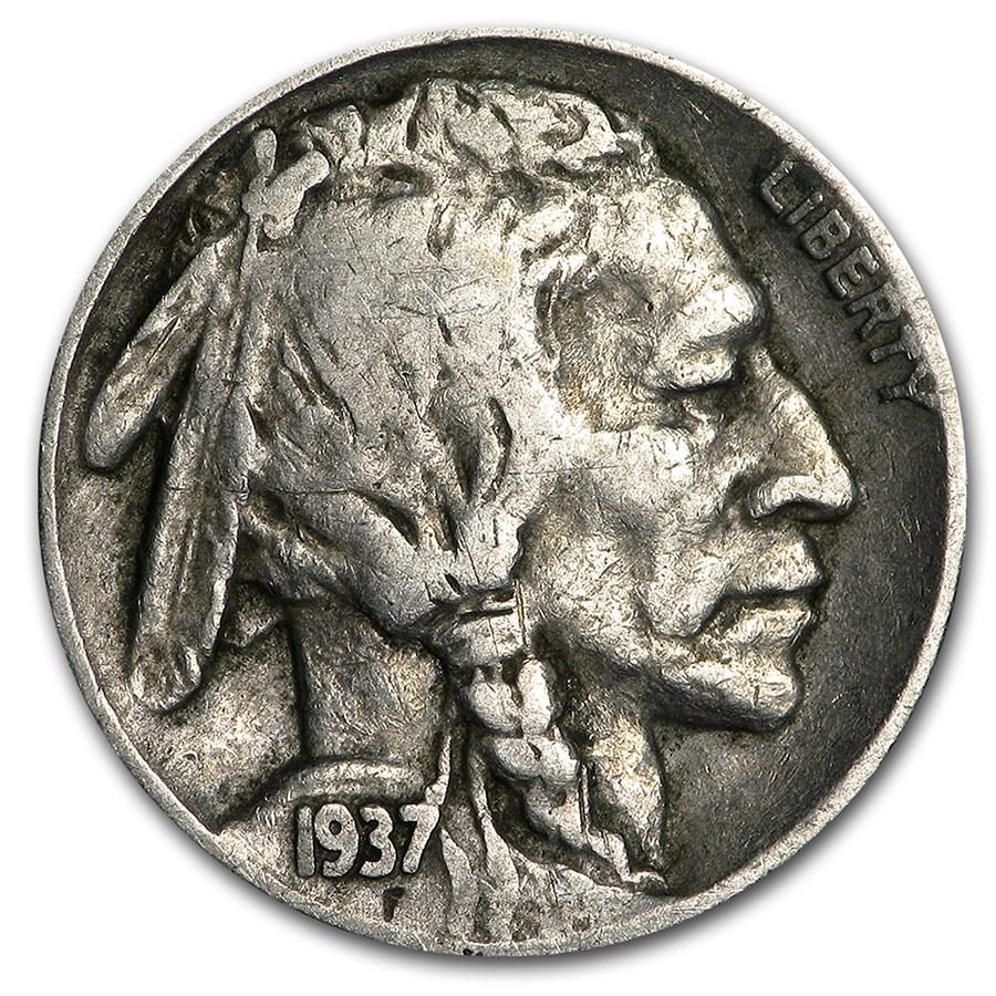 1937-D Buffalo Nickel Good+: 1937-D Buffalo Nickel Good+ Product ID: 7978 Year: 1937 Grade: Good Grade Service: None Denomination: $0.05 Mint Mark: D - Denver Metal Content: 0 troy oz Purity: N/A Th