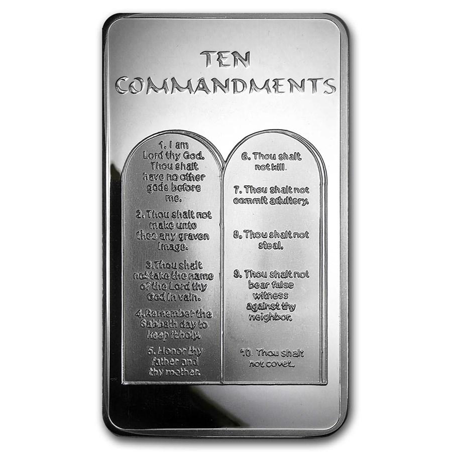 10 oz Silver Bar - Ten Commandments: 10 oz Silver Bar - Ten Commandments Product ID: 59089 Year: N/A Grade: None Grade Service: None Denomination: 10 oz Mint Mark: N/A - Not Available Metal Content: 10 troy oz Purit
