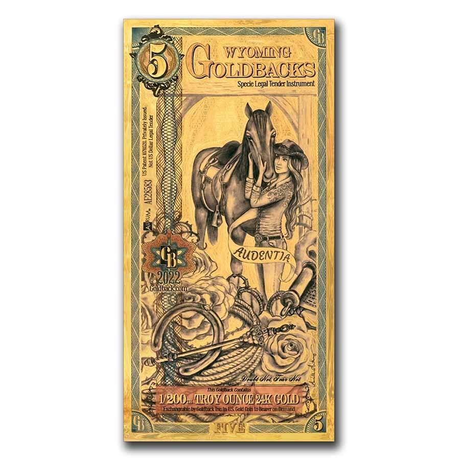 5 Wyoming Goldback - Aurum Gold Foil Note (24k): 5 Wyoming Goldback - Aurum Gold Foil Note (24k) Product ID: 255959 Year: N/A Grade: (U) Crisp Unc Grade Service: None Mint Mark: N/A - Not Available Metal Content: 0.005 troy oz Purity: .