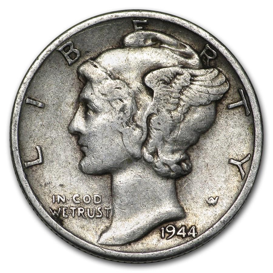 1944-D Mercury Dime Good/VF: 1944-D Mercury Dime Good/VF Product ID: 170152 Year: 1944 Grade: Good or Better Grade Service: None Denomination: $0.10 Mint Mark: D - Denver Metal Content: 0.0715 troy oz Purity