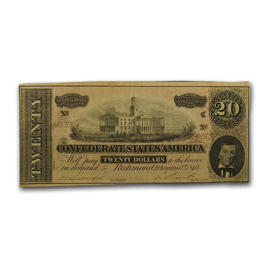 1864 $20 (T-67) Capitol at Nashville, TN VF: 1864 $20 (T-67) Capitol at Nashville, TN VF Product ID: 39048 Year: 1864 Grade: Very Fine Grade Service: None Denomination: $20 Mint Mark: N/A - Not Available Metal Content: 0 troy oz