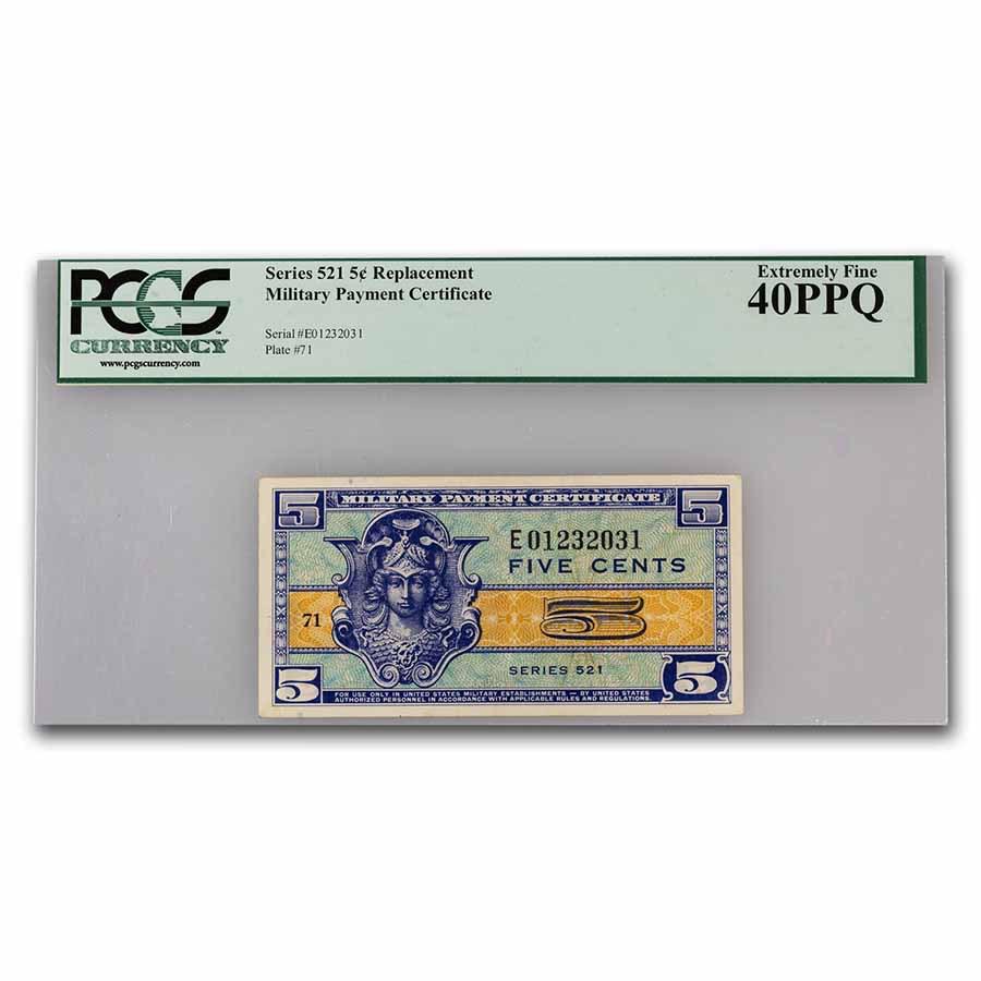 MPC Series 521 5 Cents Replacement Note F-12 PMG (NET): MPC Series 521 5 Cents Replacement Note F-12 PMG (NET) Product ID: 251793 Year: varies Grade: Fine - 12 Grade Service: None Denomination: 5 Cents Mint Mark: N/A - Not Available Metal Cont