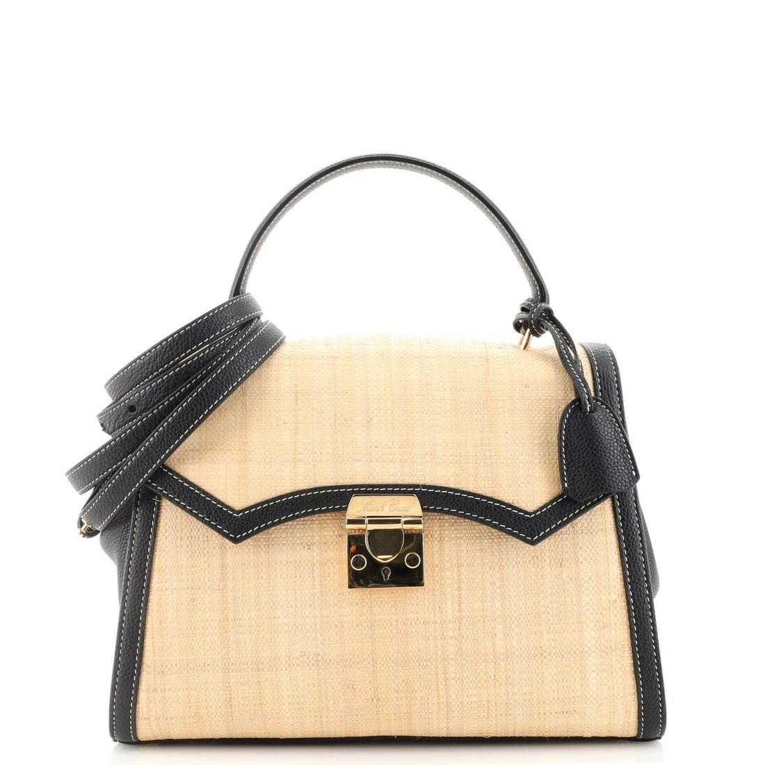 Mark Cross Madeline Lady Top Handle Bag Woven Raffia with Leather Medium: Mark Cross Madeline Lady Top Handle Bag Woven Raffia with Leather Medium Exterior Color: Neutral Interior Color: Red Exterior Material: Raffia Interior Material: Fabric Hardware Color: Gold Access