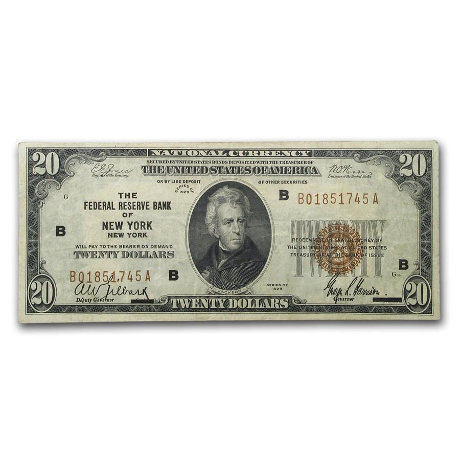 1929 (B-New York) $20 Brown Seal FRBN VF (Fr#1870-B): 1929 (B-New York) $20 Brown Seal FRBN VF (Fr#1870-B) Product ID: 182062 Year: 1929 Grade: Very Fine Grade Service: None Denomination: $20 Mint Mark: B - New York Metal Content: 0 troy oz