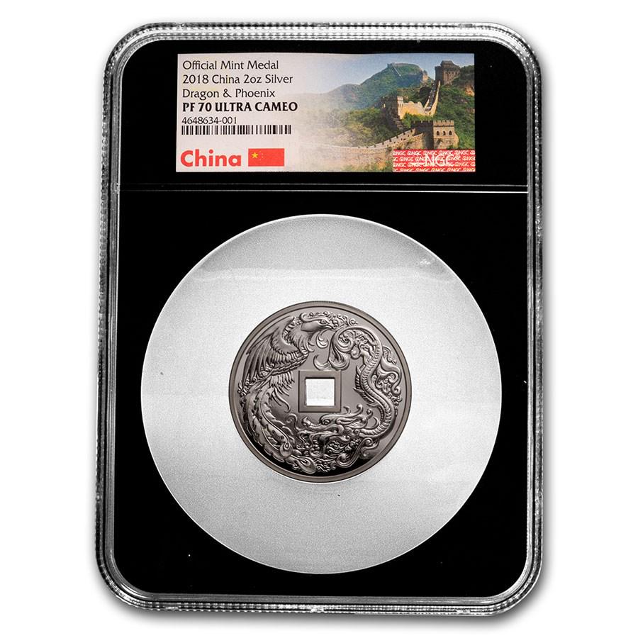 2018 China 2 Oz Silver Dragon & Phoenix Cash Coin Pf 70 Ngc