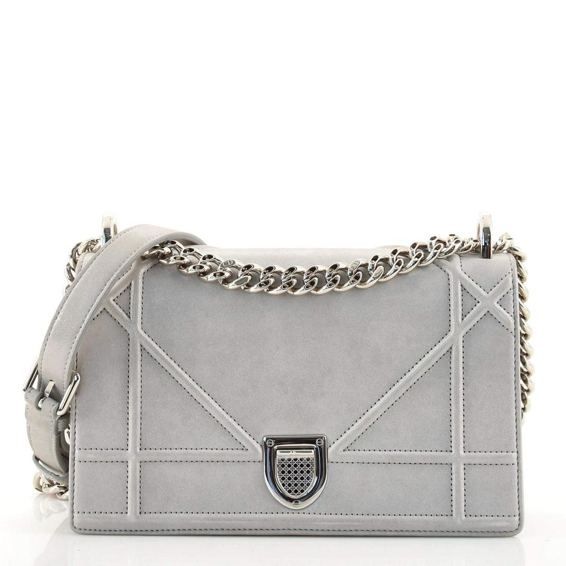 Christian Dior Diorama Flap Bag Calfskin Medium: Christian Dior Diorama Flap Bag Calfskin Medium Exterior Color: Metallic Interior Color: Gray Exterior Material: Leather Interior Material: Fabric Hardware Color: Silver Accessories: Box