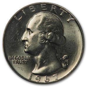 1967 Washington Quarter BU: 1967 Washington Quarter BU Product ID: 6468 Year: 1967 Grade: Brilliant Unc Grade Service: None Denomination: 25 Cents Mint Mark: P - Philadelphia (Not Shown) Metal Content: 0 troy oz