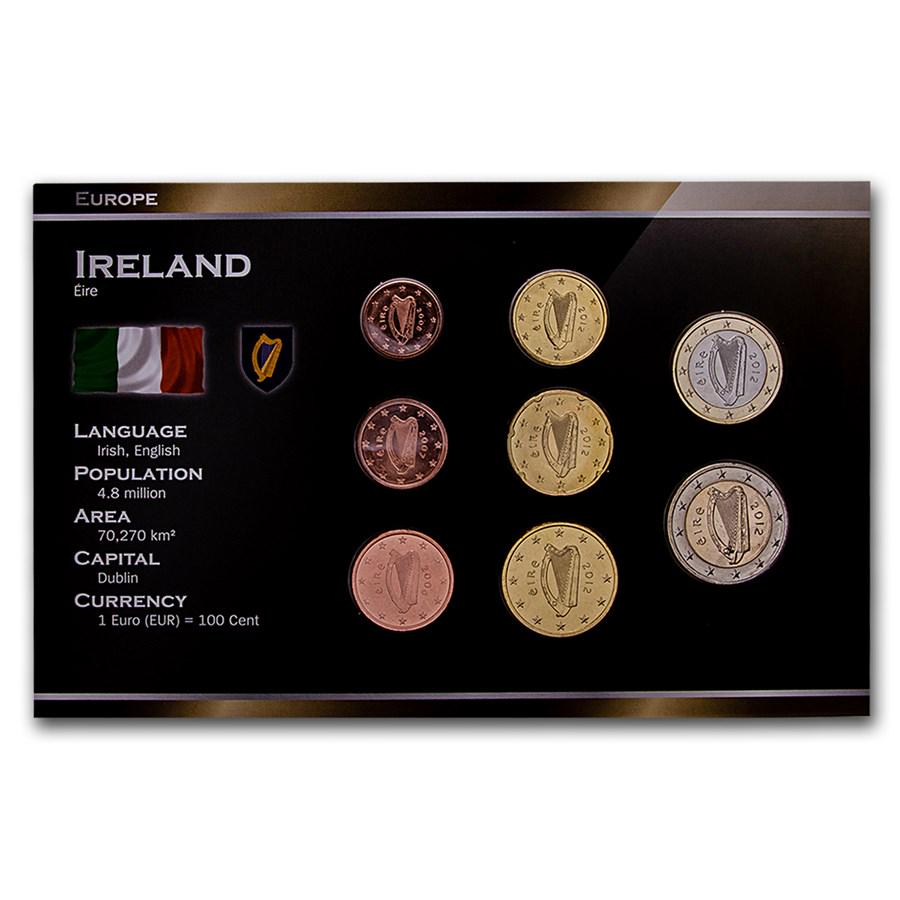 2002 Ireland 1 Cent-2 Euro 8-Coin Euro Set BU: 2002 Ireland 1 Cent-2 Euro 8-Coin Euro Set BU Product ID: 34946 Year: 2002 Grade: Brilliant Unc Grade Service: None Denomination: Varies Mint Mark: Not Shown Metal Content: 0 troy oz