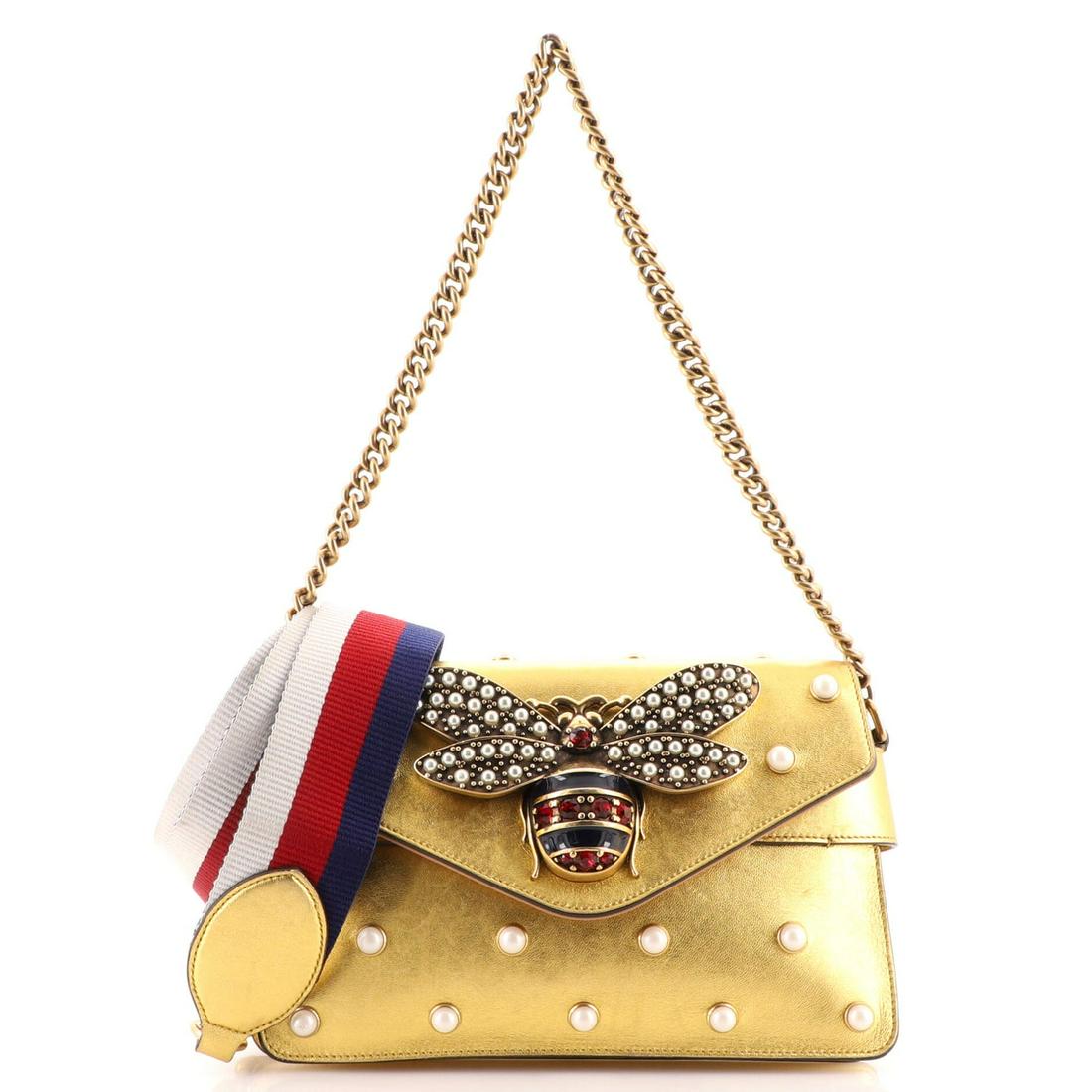 Gucci Broadway Pearly Bee Shoulder Bag Embellished Leather Mini: Gucci Broadway Pearly Bee Shoulder Bag Embellished Leather Mini Exterior Color: Gold Interior Color: Neutral Exterior Material: Leather Interior Material: Leather Hardware Color: Aged Gold Accesso