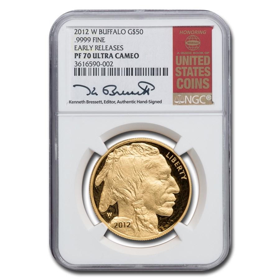 2012-W 1 oz Proof Gold Buffalo PF-70 NGC (ER, Bressett): 2012-W 1 oz Proof Gold Buffalo PF-70 NGC (ER, Bressett) Product ID: 271110 Year: 2012 Grade Service: NGC Denomination: $50 Metal Content: 1 troy oz Purity: .9999 Thickness: 2.95 mm <b