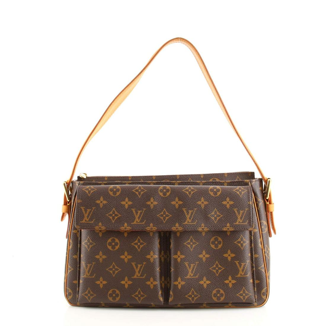 Louis Vuitton Viva Cite Handbag Monogram Canvas GM: Louis Vuitton Viva Cite Handbag Monogram Canvas GM Exterior Color: Brown Interior Color: Red Exterior Material: Canvas Coated Interior Material: Microfiber Hardware Color: Gold Accessories: Dust b