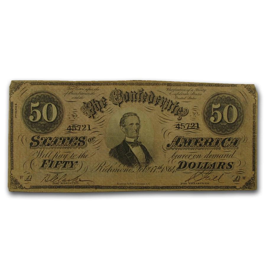 1864 $50 (T-66) Jefferson Davis Fine: 1864 $50 (T-66) Jefferson Davis Fine Product ID: 50549 Year: 1864 Grade: Fine Grade Service: None Denomination: $50 Mint Mark: N/A - Not Available Metal Content: 0 troy oz Purity