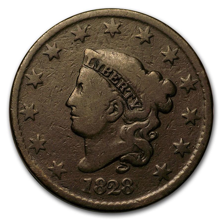 1828 Large Cent Lg Date VG: 1828 Large Cent Lg Date VG Product ID: 13545 Year: 1828 Grade: Very Good Grade Service: None Denomination: 1 Cent Mint Mark: P - Philadelphia (Not Shown) Metal Content: 0 troy oz