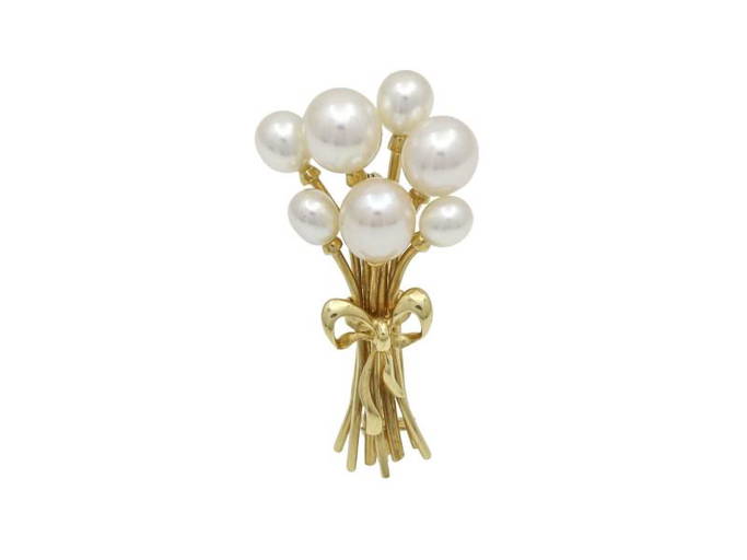 Mikimoto Pearl Flower Bouquet Brooch In 18k Yellow Gold